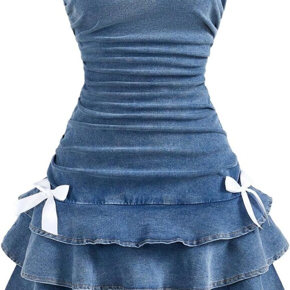Dresses & Skirts - Women's Strapless Denim Mini Dress Ruffle Layered A Line Bow Zipper